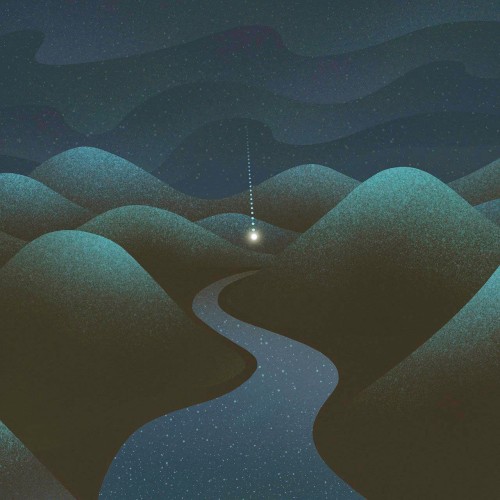 Hills surround a starry river leading to a glowing light suspended from the dark night sky.